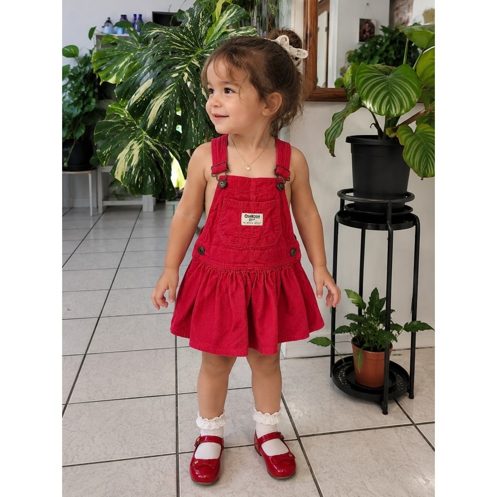 OshKosh B'gosh Red Corduroy Jumper Dress Toddler Girls Size 2T Adjustable Straps